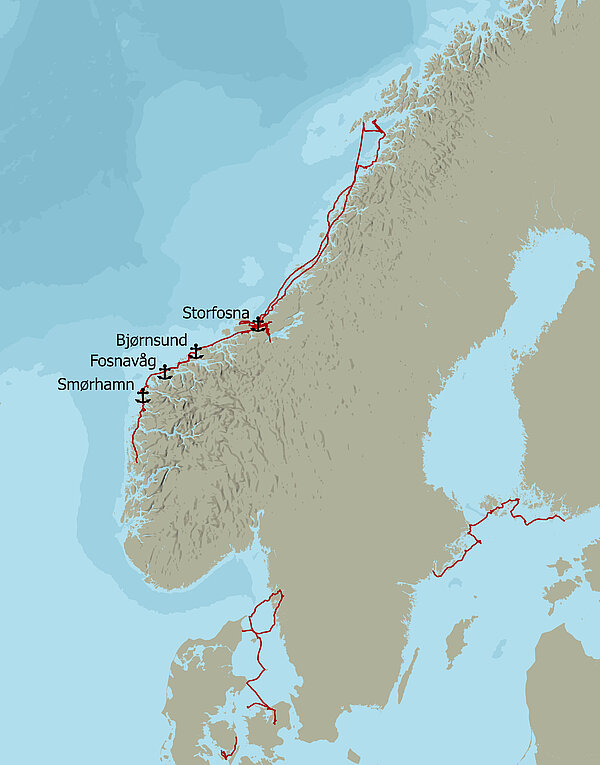 Visar hamnar längs Norges kust.